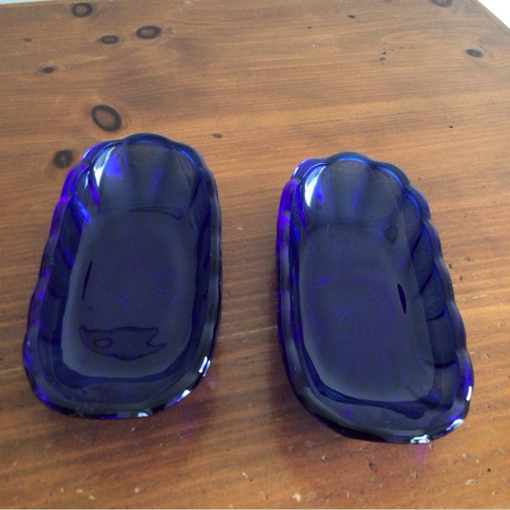 Set of Two Cobalt Anchor Hocking Butter Dessert Blue Glass Dishes.